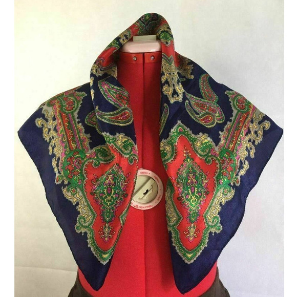 Colorful Paisley Kaleidoscope Designer Square Scarf Blue Red Silky Poly 29.5" - Picture 4 of 8